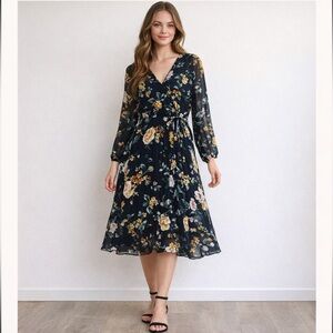 Indigo Rose Black Floral Chiffon Midi Dress Womens Medium Pleated A-Line NWOT